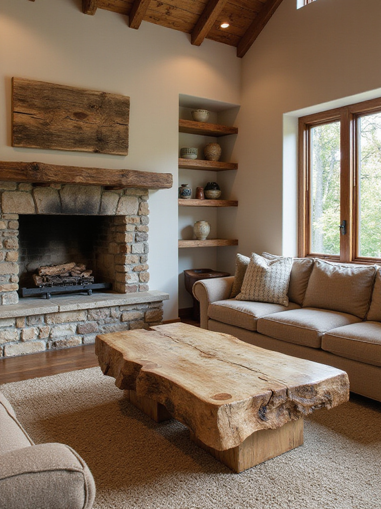 Rustic living room featuring a reclaimed wood coffee table, fireplace mantel, and open shelves, showcasing the wood's texture and character.