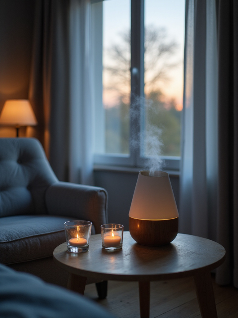 A serene bedroom corner with a lit candle and an ultrasonic diffuser on a side table, illustrating the use of scent for relaxation.