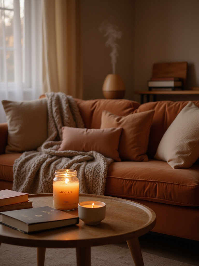 Cozy living room with scented candle and diffuser creating a relaxing atmosphere