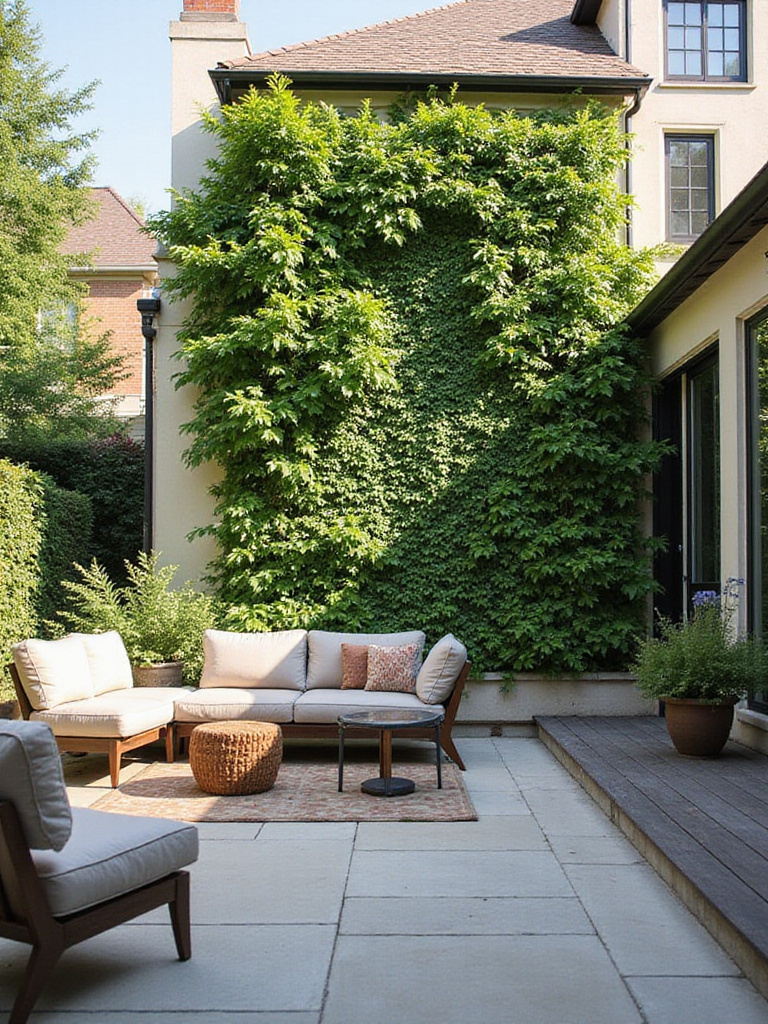 A modern patio with a large, lush vertical garden wall adding greenery and texture to the outdoor space.