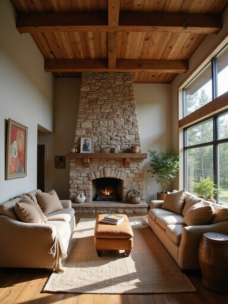 Rustic living room featuring an earth tone color palette with a stone fireplace, wooden beams, and natural material furniture and textiles.