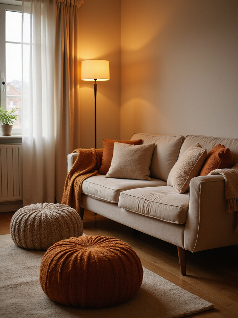 Cozy living room with a plush sofa, soft area rug, and two textured poufs positioned as comfortable footrests, bathed in warm light.