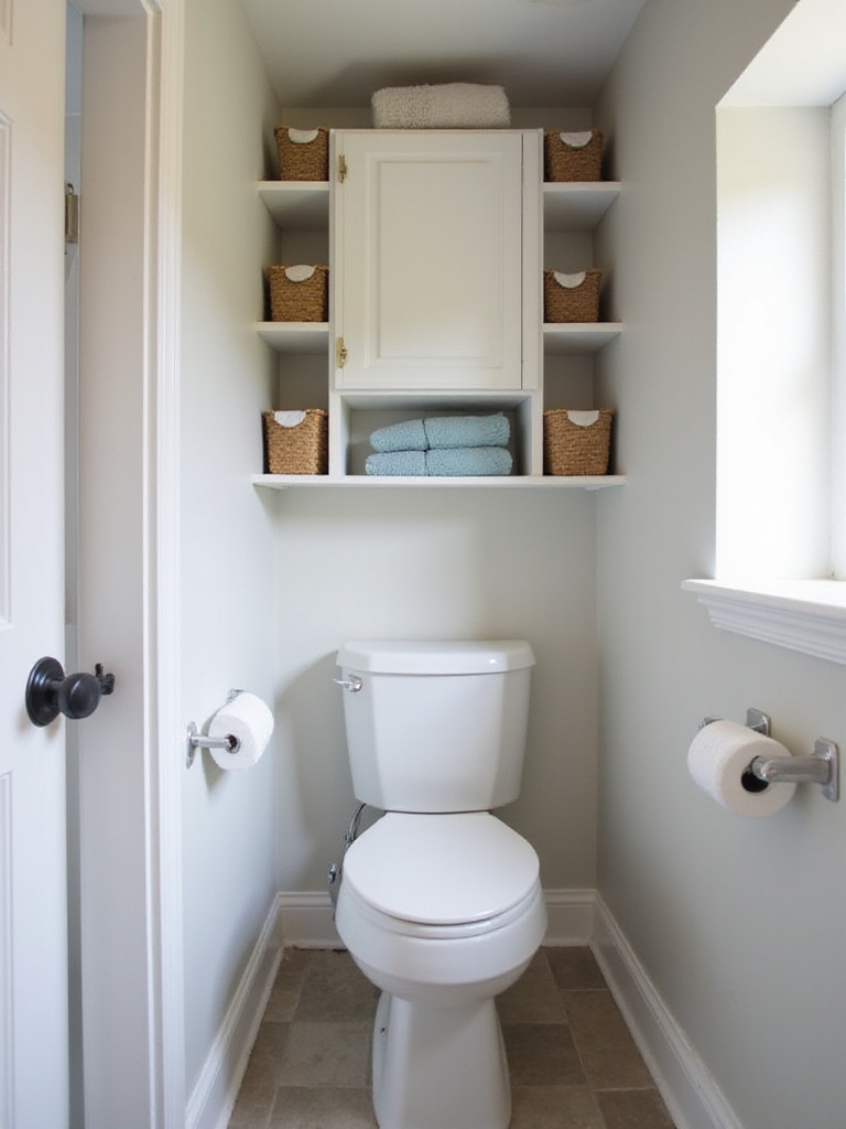 Small bathroom with high wall storage solutions, including shelves above the toilet and a tall cabinet near the ceiling, maximizing vertical space.
