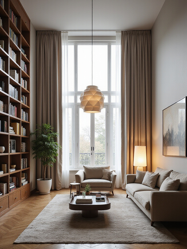 Living room showcasing effective use of vertical space with floor-to-ceiling bookshelves, high curtains, and tall plants.