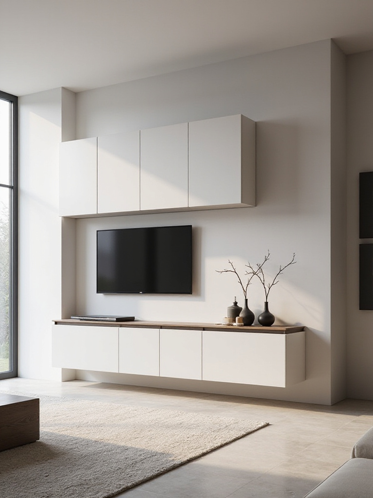 Minimalist living room featuring sleek, white wall-mounted storage cabinets floating beneath a wall-mounted television, creating a clean and space-saving media area.