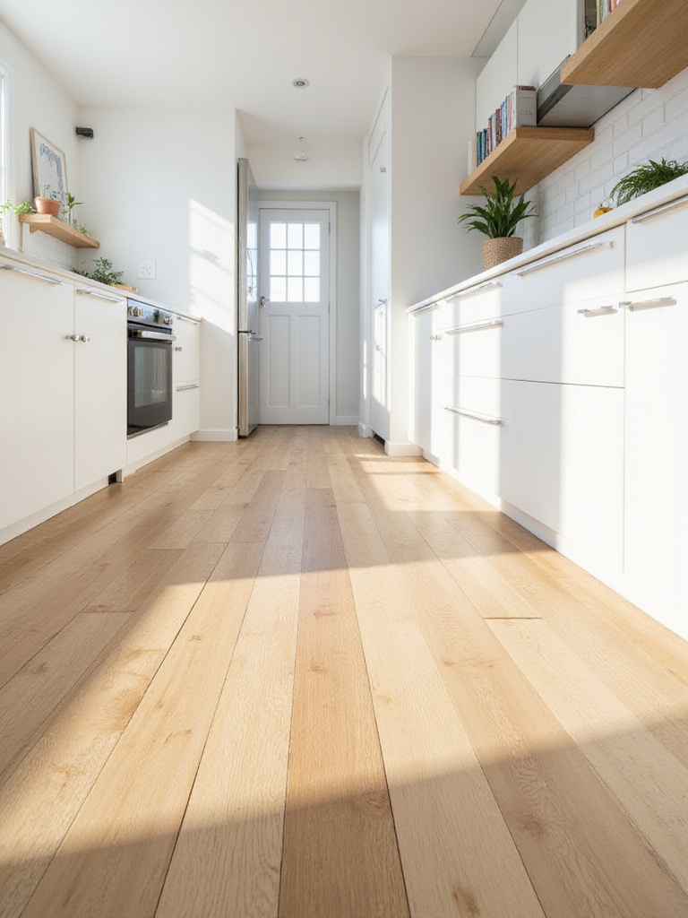 A white kitchen warmed up by light wood flooring, showcasing the contrast between white cabinets and the natural grain of the oak or maple floor.