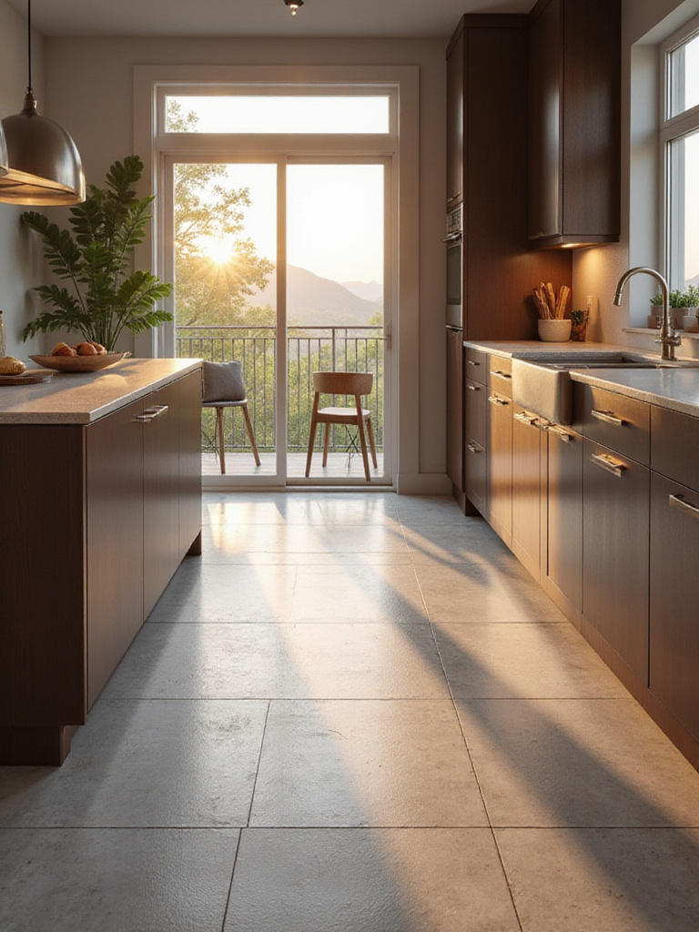 Modern kitchen with large format light gray tile floor, designed for radiant heating, illuminated by warm evening light.