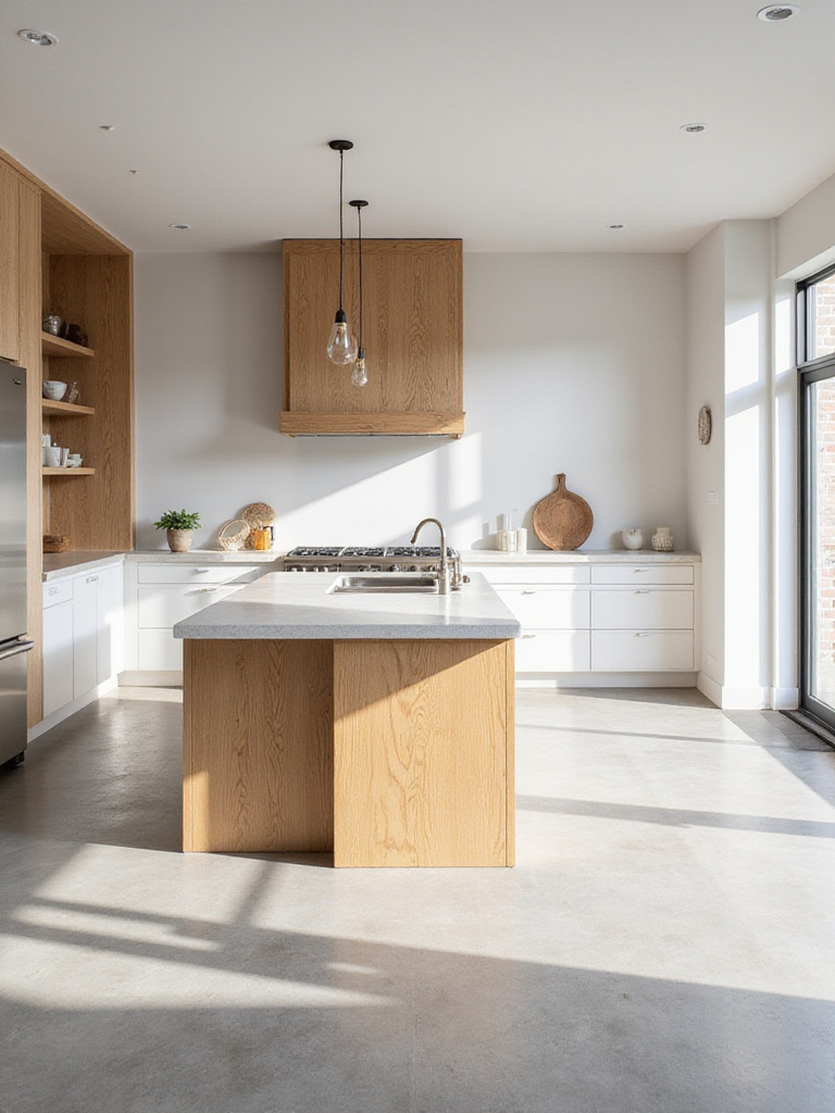 Modern kitchen with warm natural wood accents, featuring a white oak island base, wood open shelving, and a wood range hood cover.