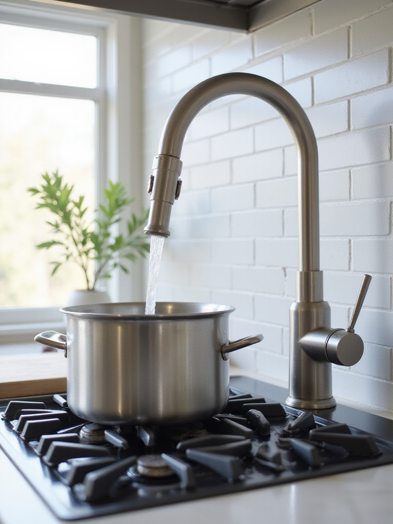 Modern kitchen range with stainless steel pot filler faucet
