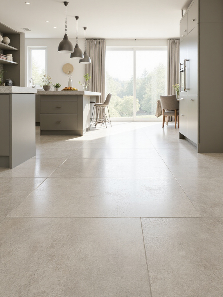 Durable large format porcelain tile floor in a modern kitchen, illustrating tile's resilience and hard-wearing surface.