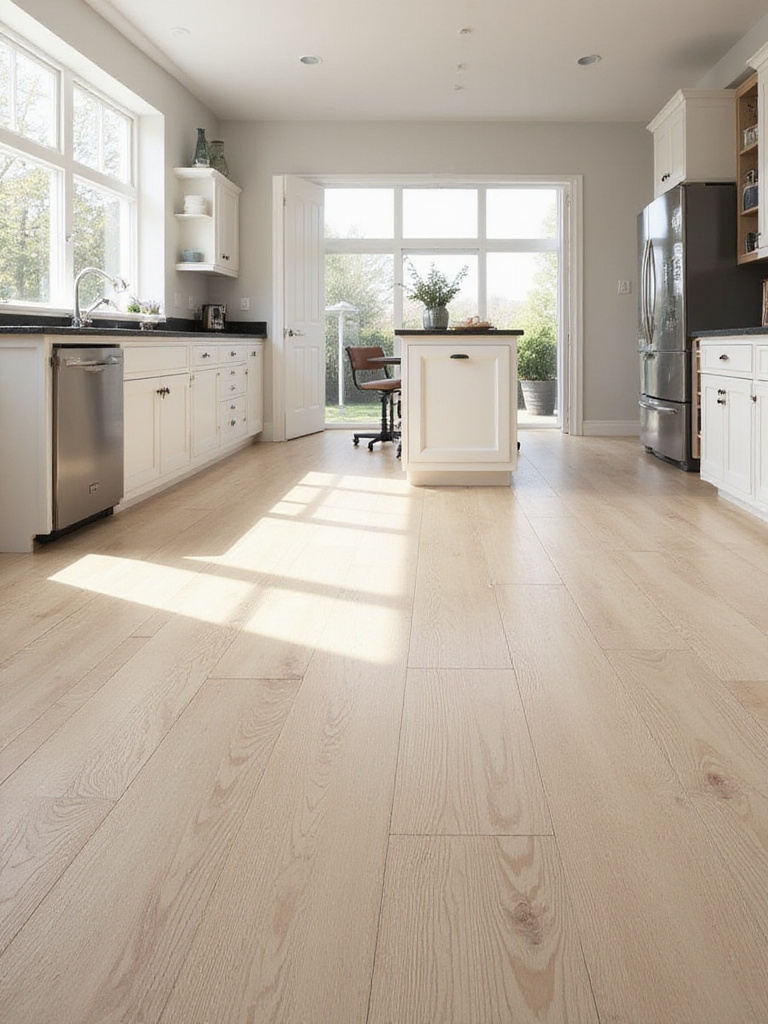Durable wood-look tile flooring in a modern kitchen, featuring light oak plank style tile laid in a staggered pattern. The floor complements white cabinets and a kitchen island.