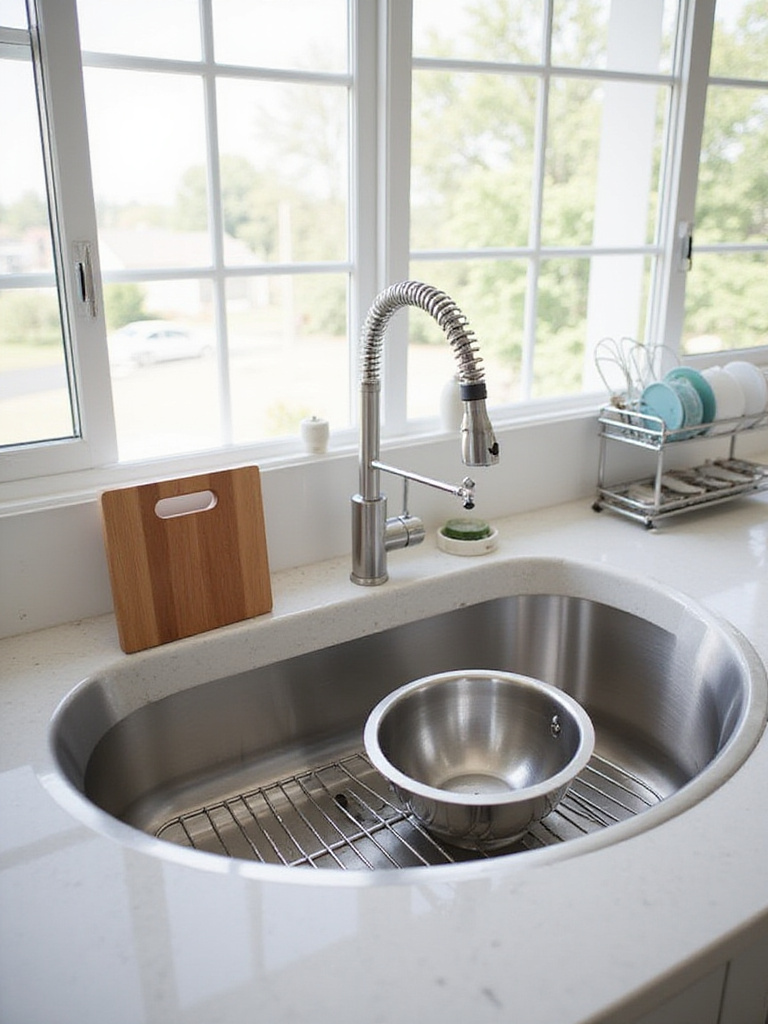 Modern stainless steel workstation sink with cutting board, colander, and drying rack.