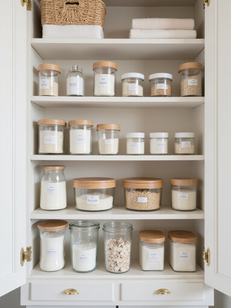 Organized bathroom cabinet with matching storage containers