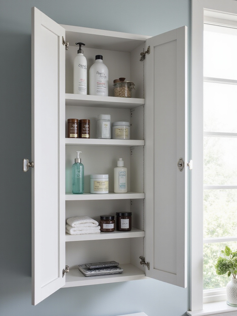 Modern bathroom cabinet with adjustable shelving showcasing organized toiletries