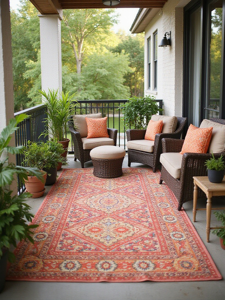 A cozy balcony featuring an all-weather outdoor rug defining a lounge area with stylish furniture.