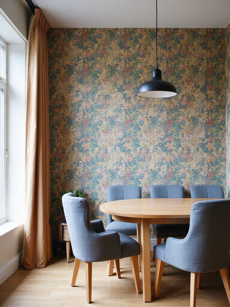 Dining room with an accent wall featuring bold wallpaper