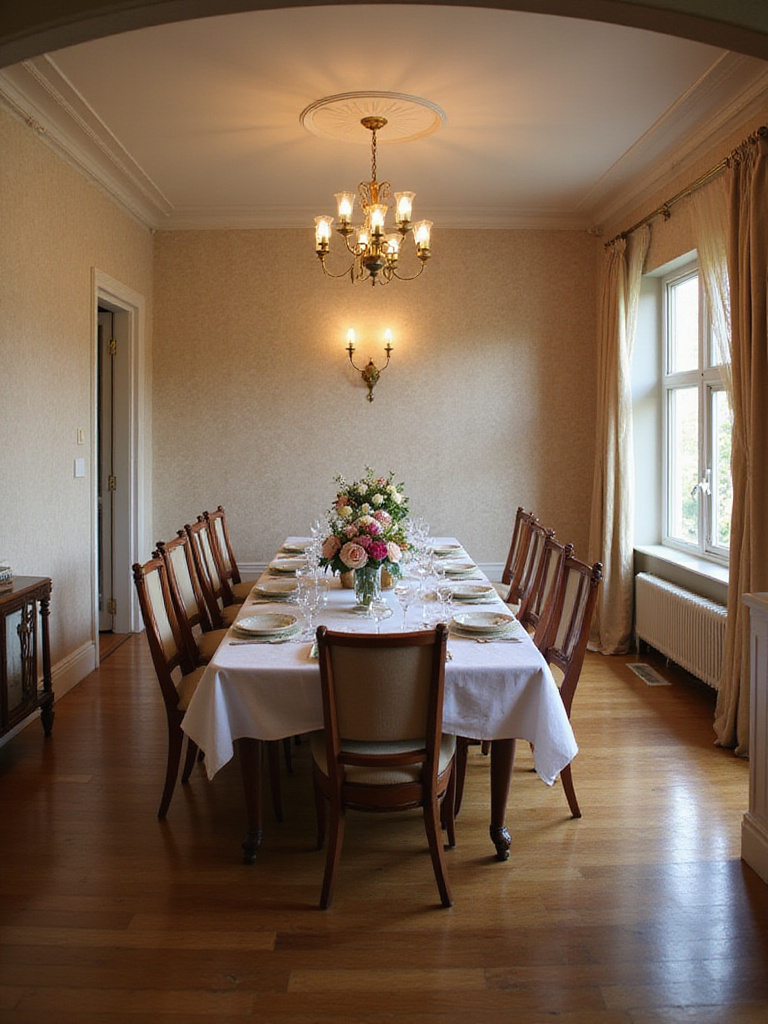 Spacious dining room layout with ample chair movement space