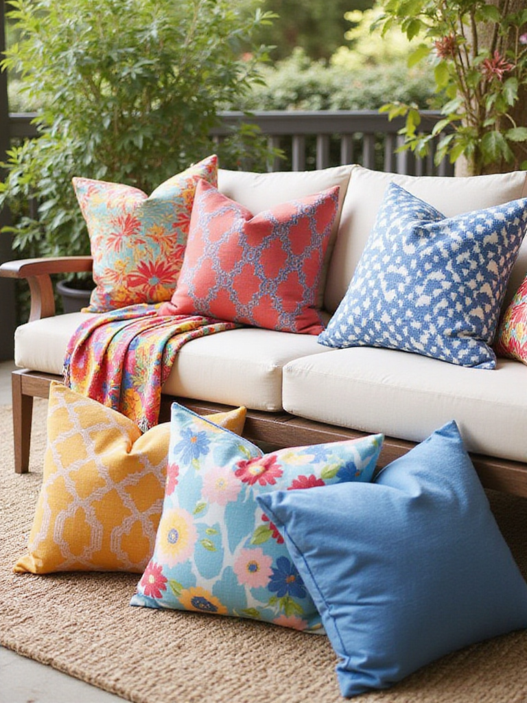 Outdoor patio with bold throw pillows and cushions in vibrant colors and patterns