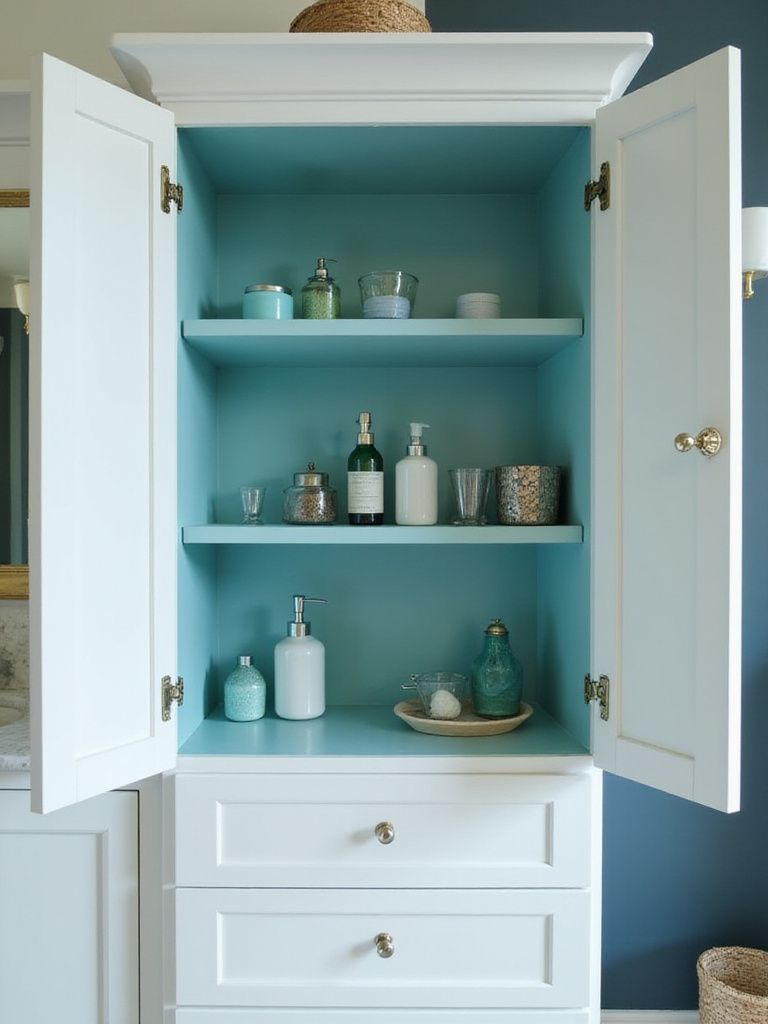 Bathroom cabinet with vibrant teal interior and organized toiletries