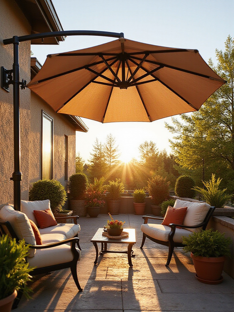 Elegant patio with a cantilever umbrella providing shade over stylish outdoor seating.
