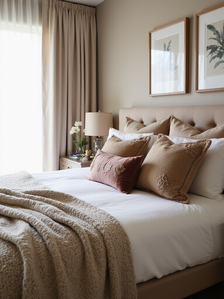 Luxurious textiles and layers in a beautifully styled bedroom