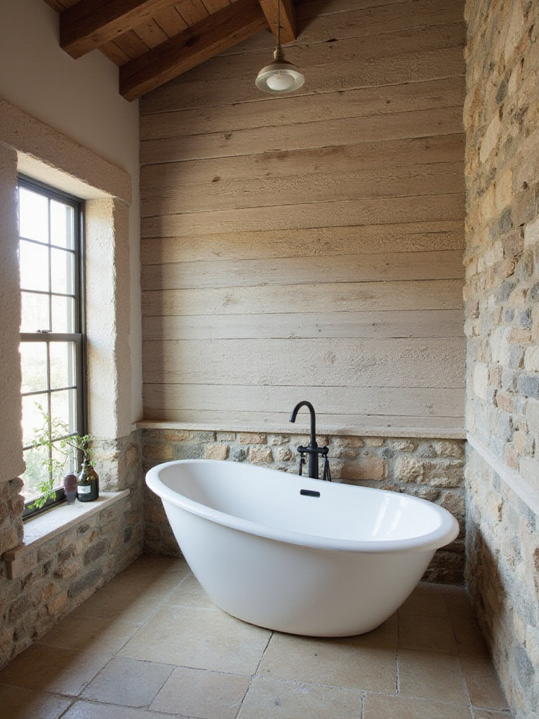 Rustic bathroom with textured walls featuring shiplap and stone accents