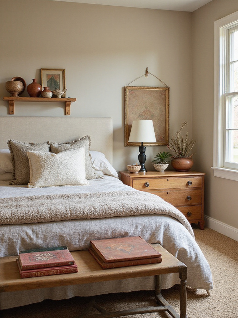 A cozy bedroom with unique decorative accents showcasing personal style and warmth.