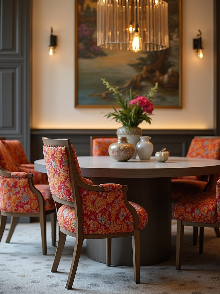 Stylish dining chairs with colorful cushions in a beautifully decorated dining room