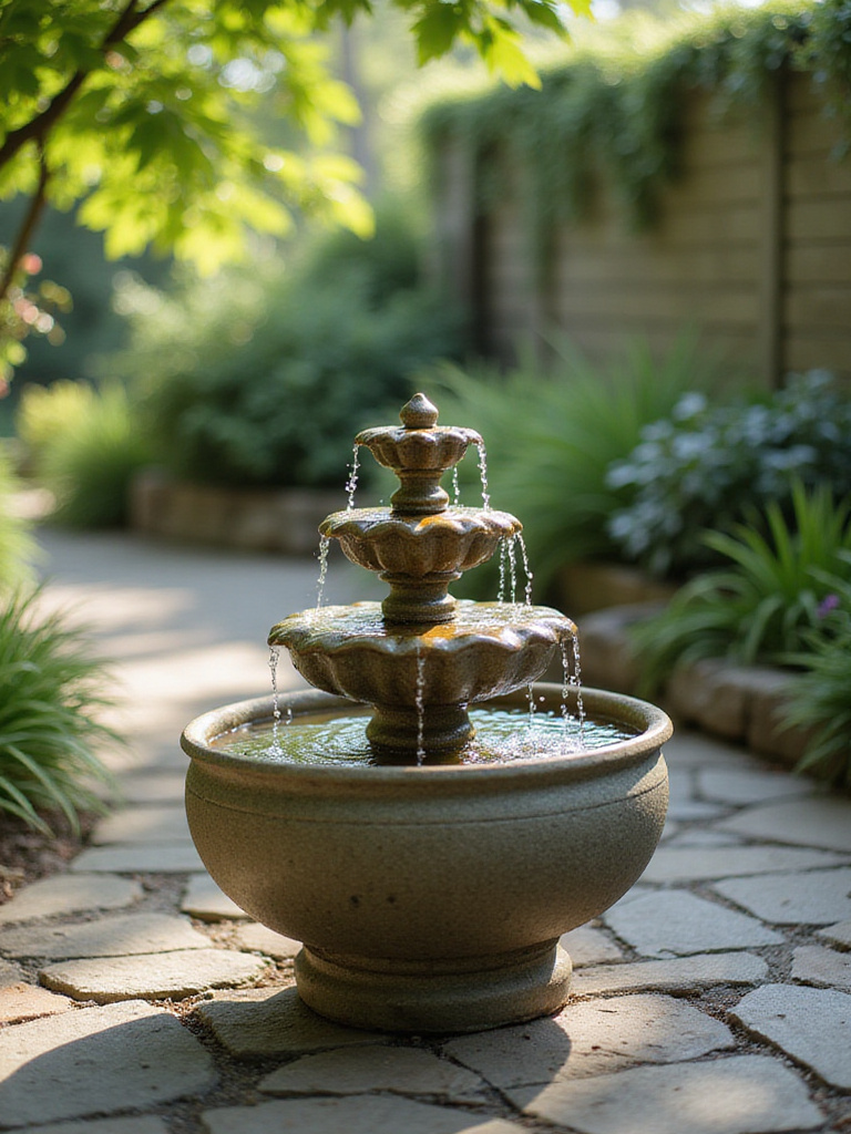 A small tabletop fountain in a tranquil patio setting with greenery and soft morning light.