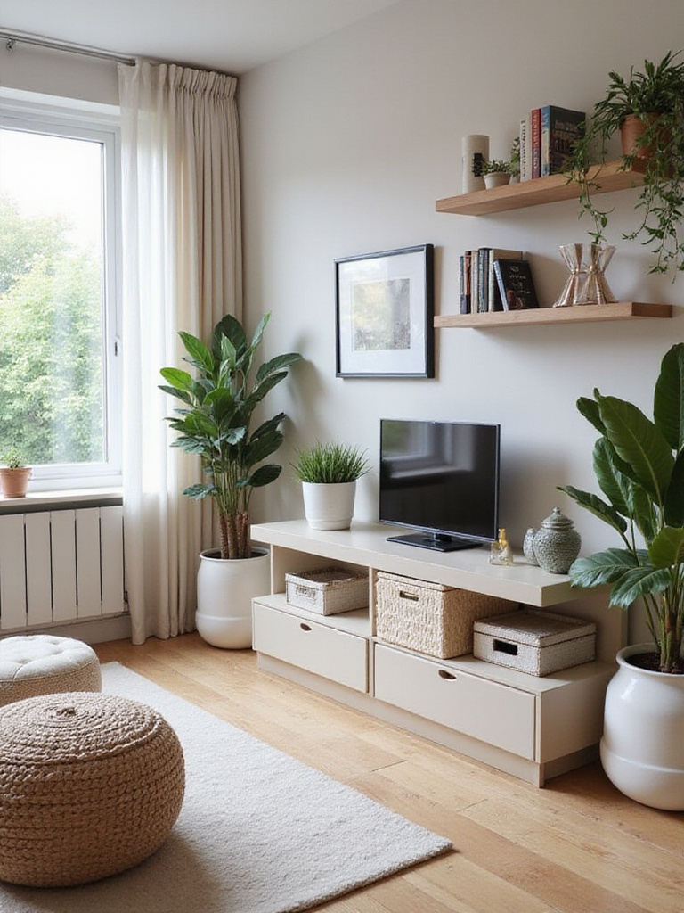 Modern apartment interior showcasing stylish storage solutions with floating shelves and decorative boxes.