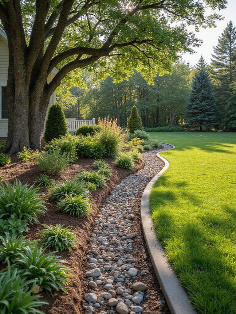 Professionally landscaped front yard with effective drainage solutions, including swales and a rain garden.
