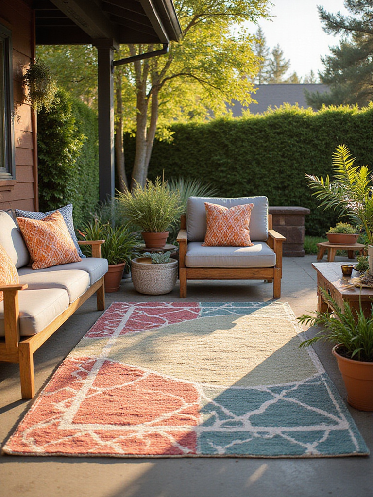 Stylish outdoor rug in a cozy patio setting, showcasing vibrant colors and textures.