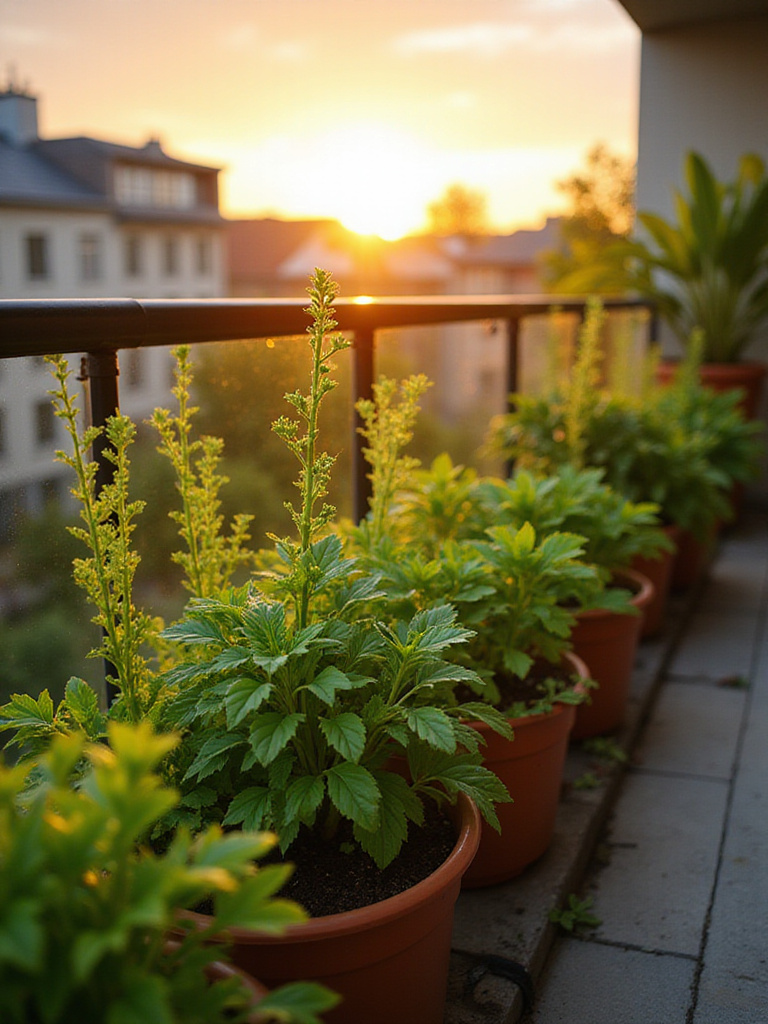 A lush balcony garden with a drip irrigation system in a professional photo.