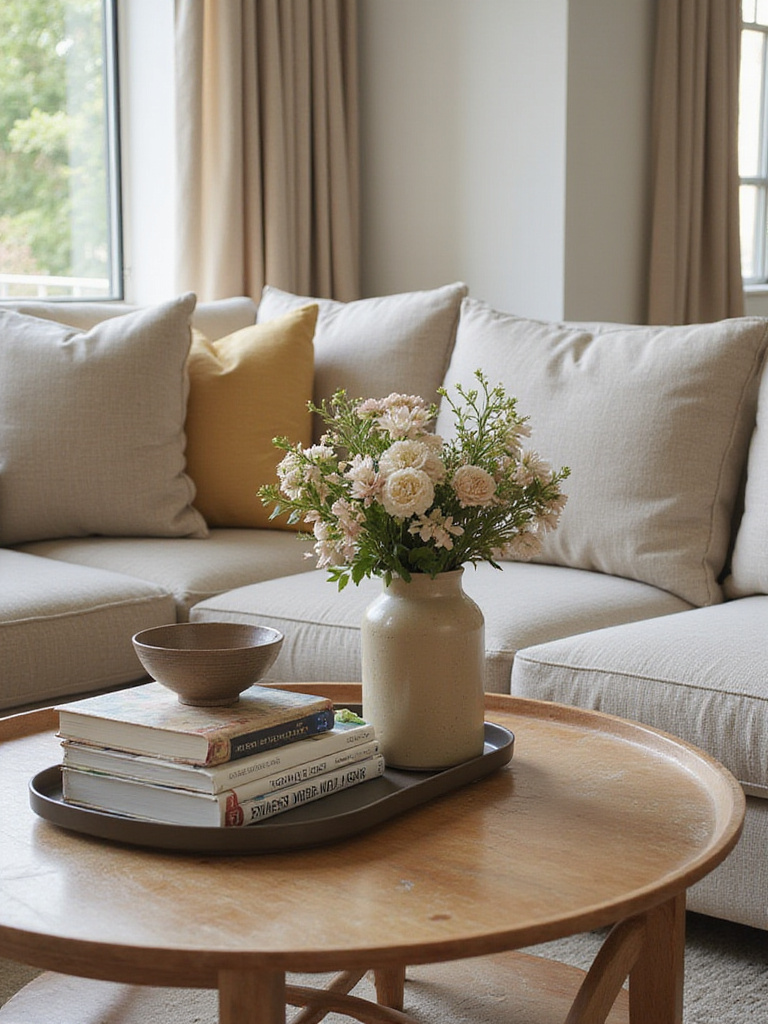 Beautifully styled coffee table vignette featuring a tray, books, flowers, and decorative bowl.
