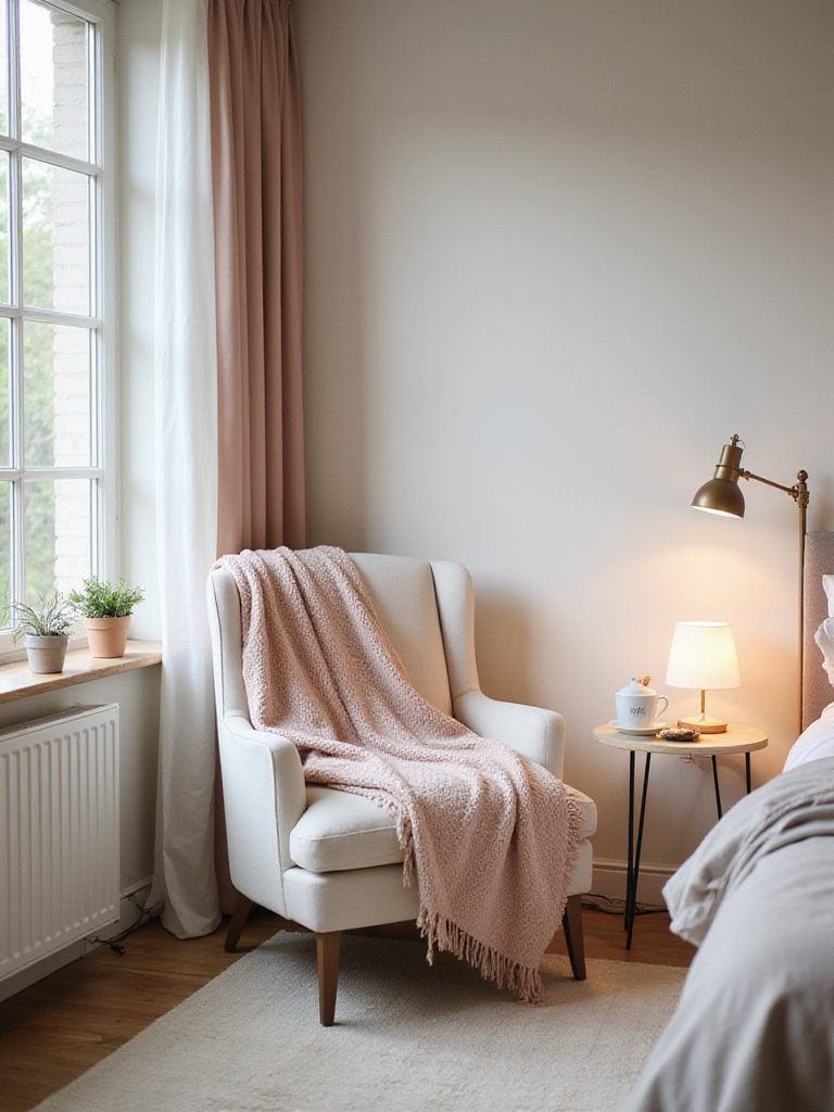 A cozy seating nook in a bedroom with an armchair, side table, and warm lighting.
