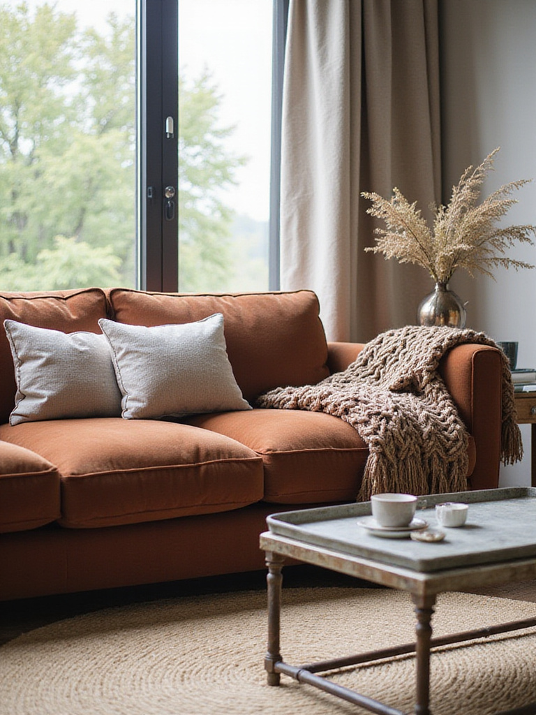 A living room with mixed textures including a velvet sofa, knit throw, jute rug, and metal coffee table.