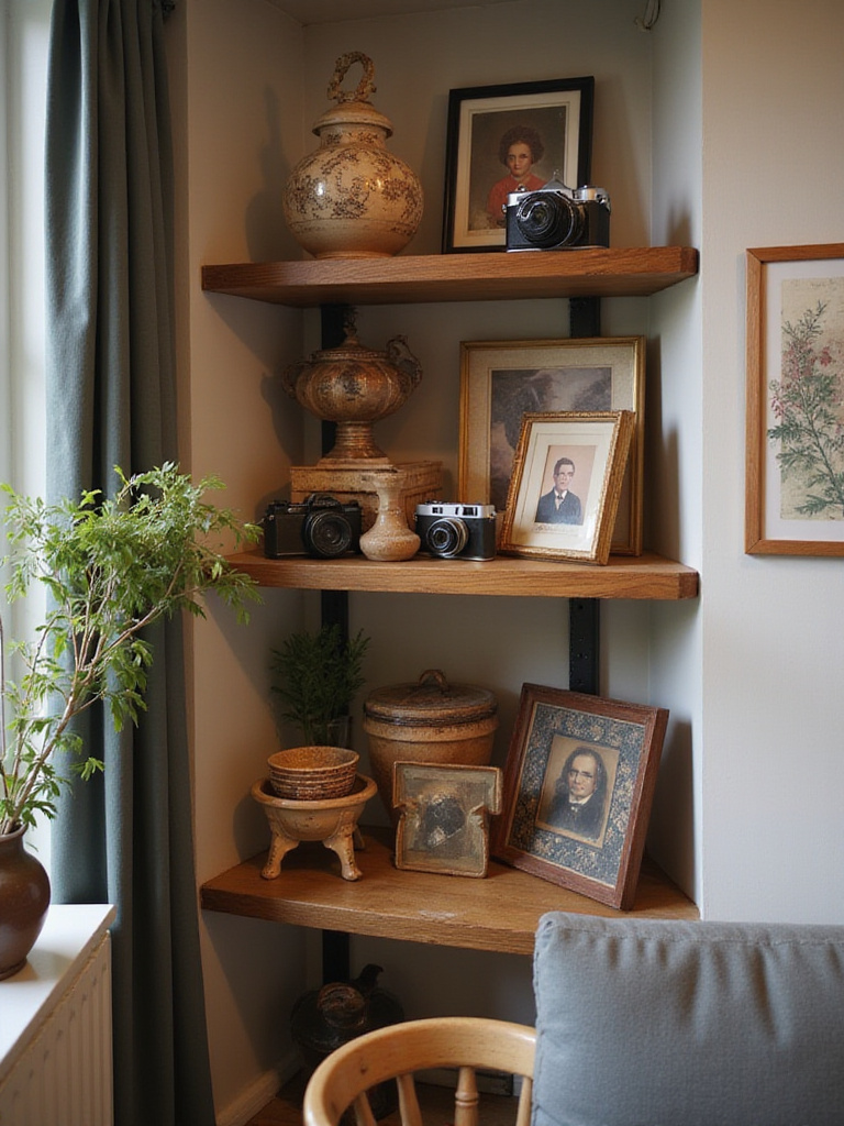 Cozy apartment corner showcasing a display of cherished collectibles on a wooden shelf with warm lighting.