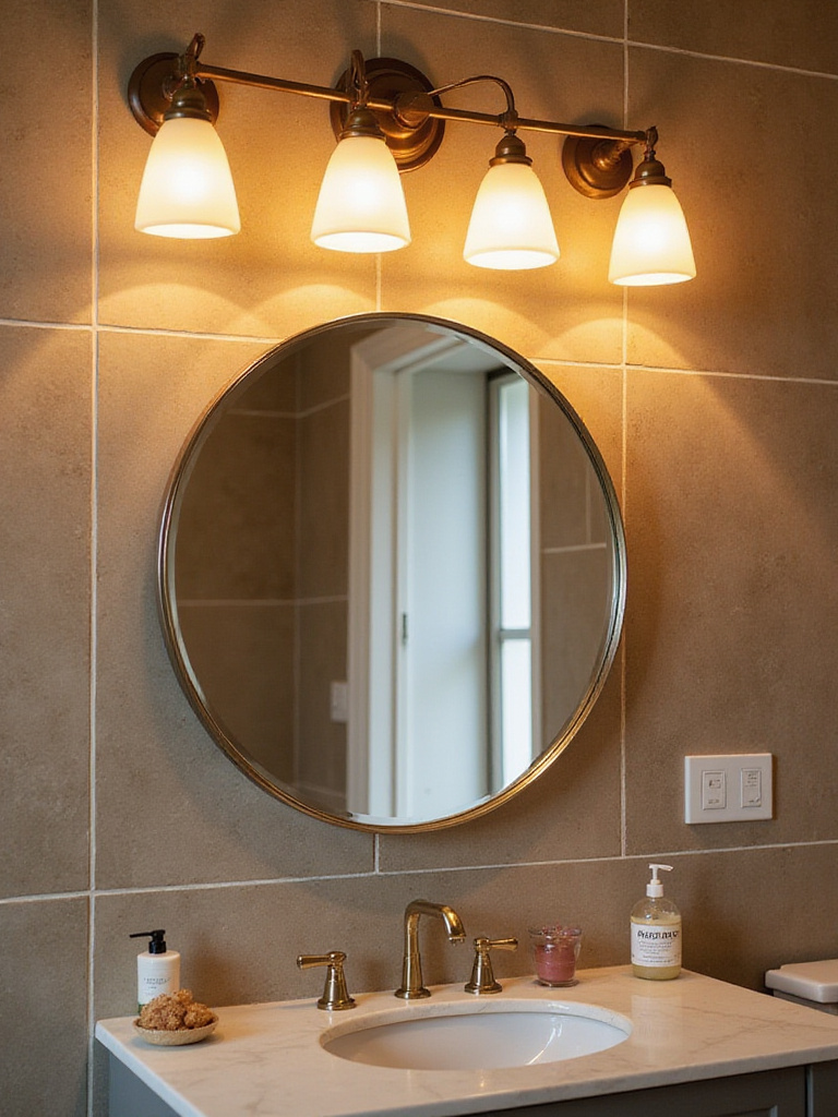 Stylish bathroom mirror with quality lighting fixtures showcasing warm light ambiance.
