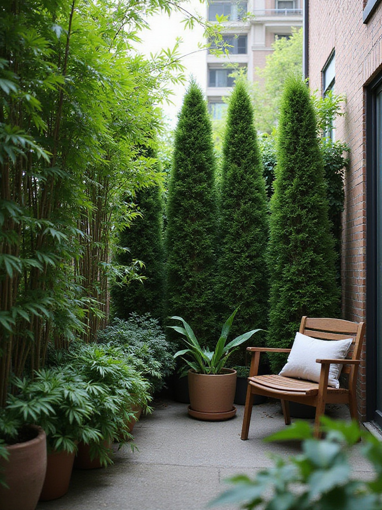 Balcony privacy screens made of tall, lush plants with city background.