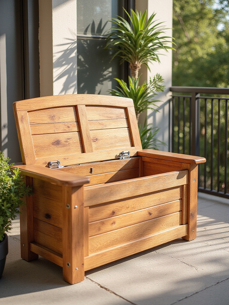 Professional photo of a DIY bench with hidden storage on a balcony, showcasing its elegant design.