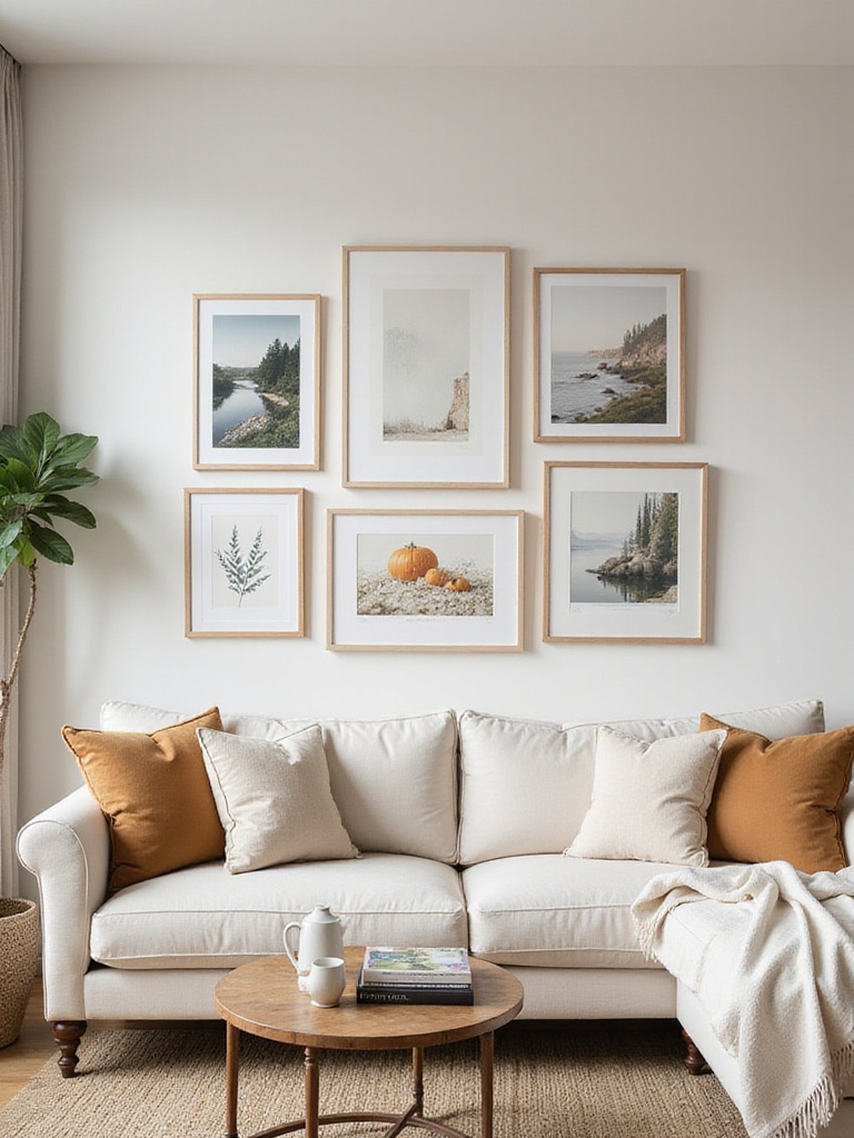 A beautifully curated wall art display in a stylish living room with natural lighting.