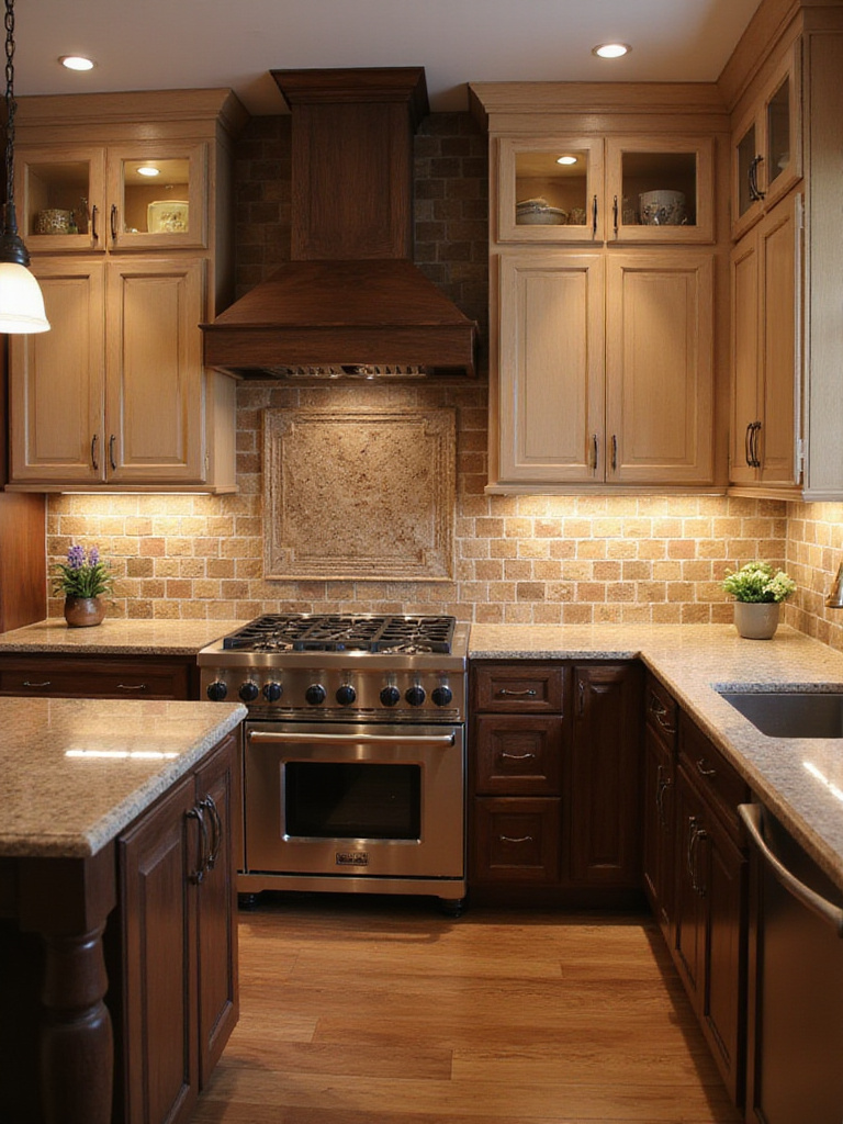 A kitchen showcasing layered brown tones with walnut and oak cabinetry, beige quartz countertop, and brown subway tile backsplash.
