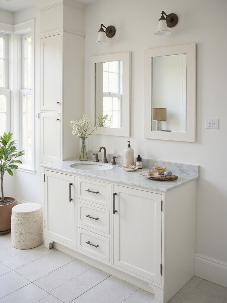 Elegant bathroom featuring classic Shaker cabinets with marble countertop and decorative hardware.