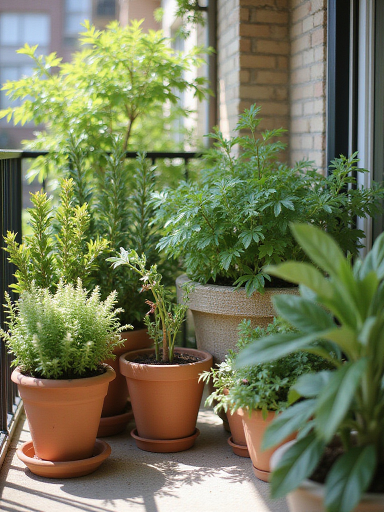 A vibrant balcony garden with various plants in different container sizes and materials.