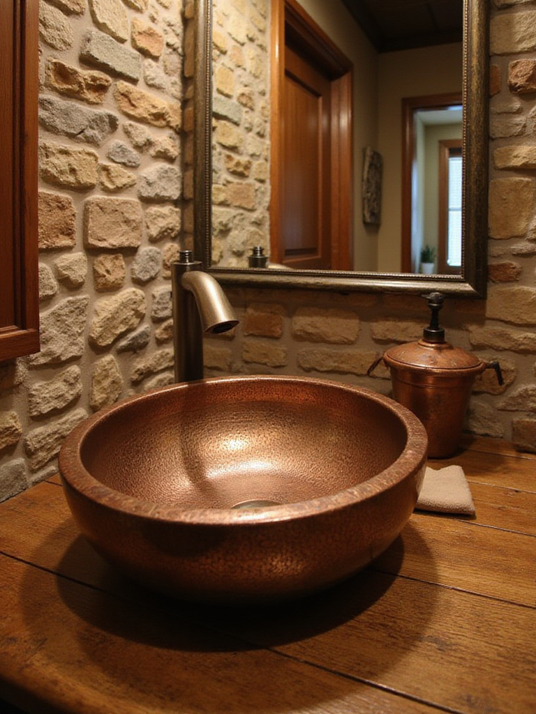 Rustic bathroom with a unique copper sink and natural stone accents