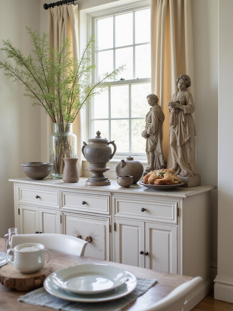 Elegant display of decorative serveware, ceramics, and sculptures in a stylish dining room.