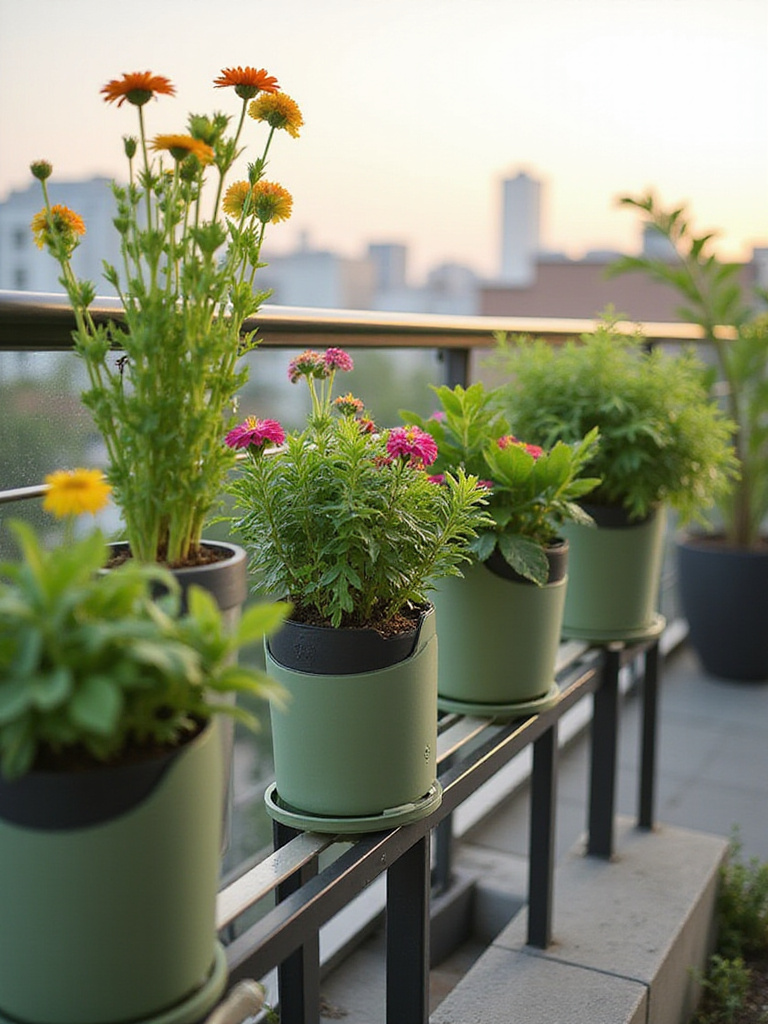 A balcony garden featuring lightweight, self-watering planters with vibrant plants and flowers.