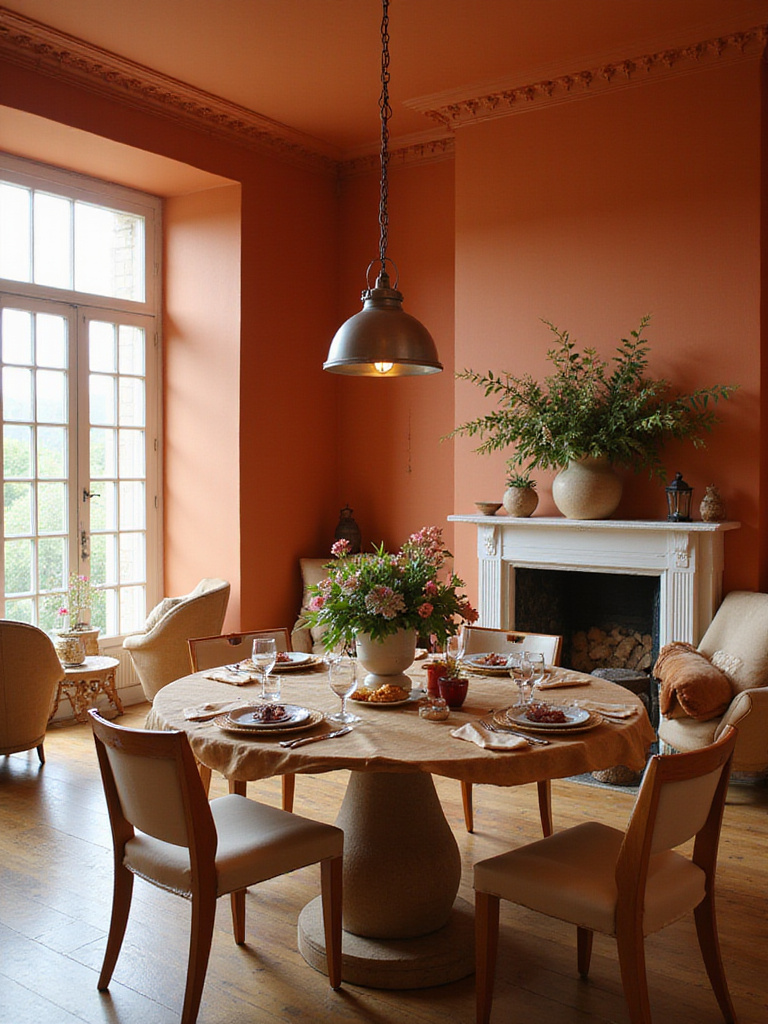 Cozy dining room with terracotta orange walls and elegant table setting