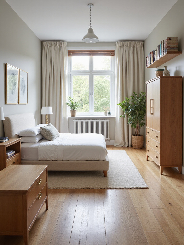 A well-designed bedroom showing optimized furniture placement with clear pathways and natural light.
