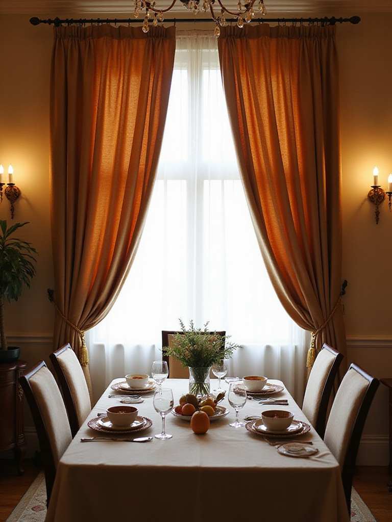 A beautifully decorated dining room with soft curtains framing a window, showcasing an inviting atmosphere.
